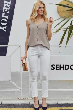 Fashion Dear-Lover Spaghetti Strap Buttoned Tank Top Apricot