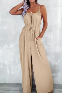 Discount Dear-Lover Spaghetti Straps Waist Tie Wide Leg Jumpsuit with Pockets Apricot
