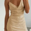 Best Dear-Lover Spaghetti Straps Cross Back Sequin Mini Dress Apricot