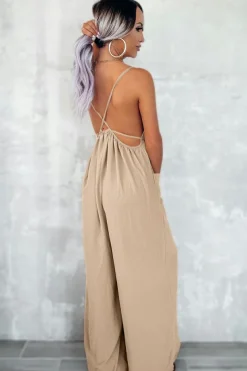 Discount Dear-Lover Spaghetti Straps Waist Tie Wide Leg Jumpsuit with Pockets Apricot