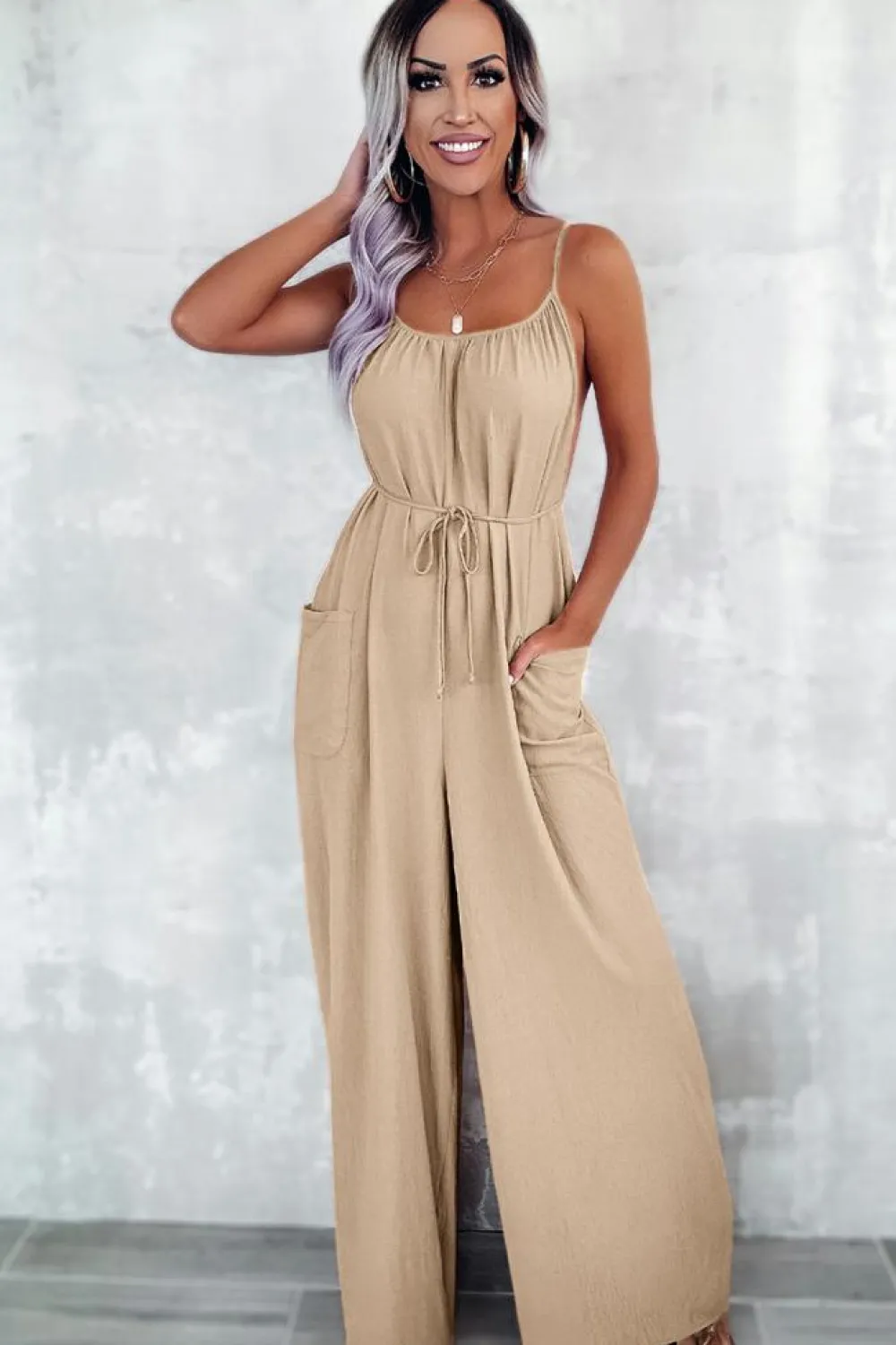 Discount Dear-Lover Spaghetti Straps Waist Tie Wide Leg Jumpsuit with Pockets Apricot