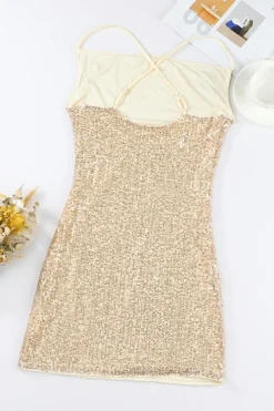 Best Dear-Lover Spaghetti Straps Cross Back Sequin Mini Dress Apricot