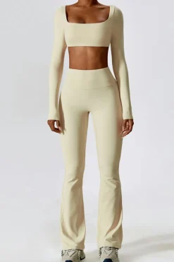 Clearance Dear-Lover Square Neck Cropped Active Top & Pants Set Apricot