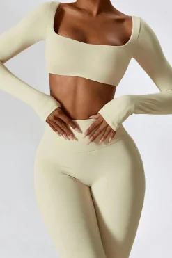 Clearance Dear-Lover Square Neck Cropped Active Top & Pants Set Apricot