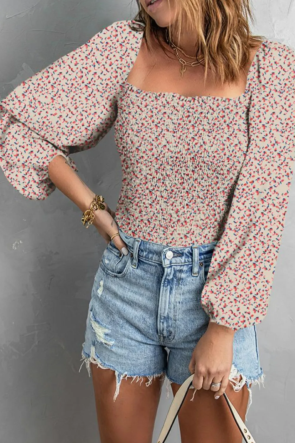 Best Dear-Lover Square Neck Puff Sleeve Floral Smocked Top Apricot