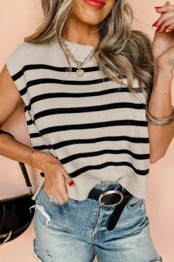 Clearance Dear-Lover Boxy Knitted Round Neck Sweater Tank Apricot Stripe