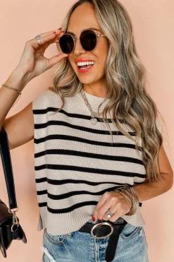 Clearance Dear-Lover Boxy Knitted Round Neck Sweater Tank Apricot Stripe