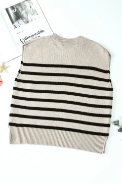 Clearance Dear-Lover Boxy Knitted Round Neck Sweater Tank Apricot Stripe