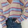 Online Dear-Lover Collared V Neck Drop Shoulder Loose Sweater Apricot Stripe