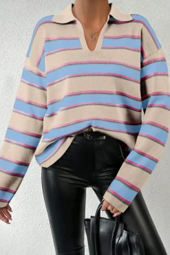Online Dear-Lover Collared V Neck Drop Shoulder Loose Sweater Apricot Stripe
