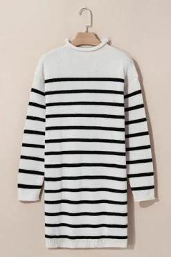 Outlet Dear-Lover Long Sleeve High Neck Sweater Dress Apricot Stripe