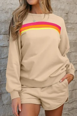 Best Dear-Lover Striped Accent Pullover and Shorts Two Piece Casual Set Apricot