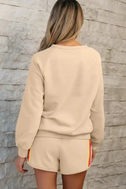 Best Dear-Lover Striped Accent Pullover and Shorts Two Piece Casual Set Apricot