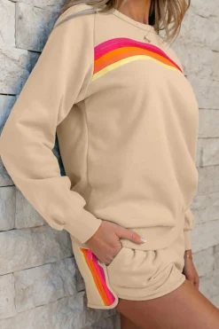 Best Dear-Lover Striped Accent Pullover and Shorts Two Piece Casual Set Apricot