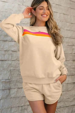 Best Dear-Lover Striped Accent Pullover and Shorts Two Piece Casual Set Apricot