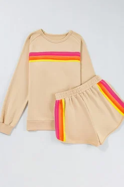 Best Dear-Lover Striped Accent Pullover and Shorts Two Piece Casual Set Apricot