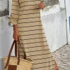 Online Dear-Lover Striped Casual Slit Long Dress Apricot