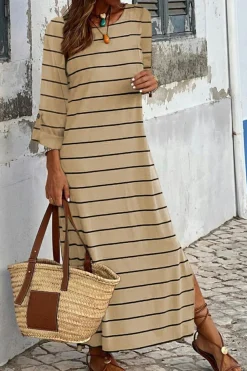 Online Dear-Lover Striped Casual Slit Long Dress Apricot