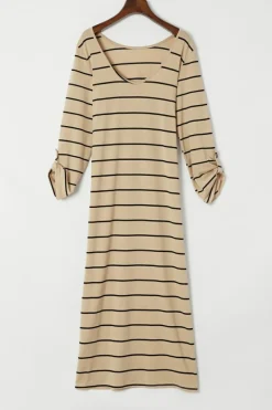 Online Dear-Lover Striped Casual Slit Long Dress Apricot
