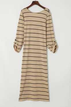 Online Dear-Lover Striped Casual Slit Long Dress Apricot