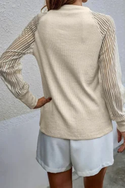Fashion Dear-Lover Striped Mesh Long Sleeve Crewneck Ribbed Top Apricot