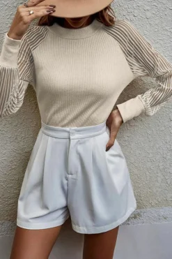 Fashion Dear-Lover Striped Mesh Long Sleeve Crewneck Ribbed Top Apricot