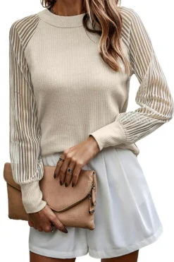 Fashion Dear-Lover Striped Mesh Long Sleeve Crewneck Ribbed Top Apricot