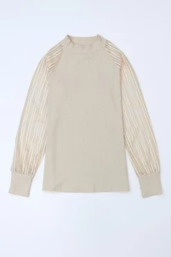 Fashion Dear-Lover Striped Mesh Long Sleeve Crewneck Ribbed Top Apricot