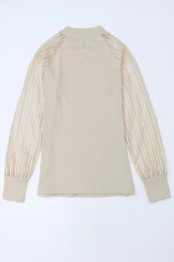 Fashion Dear-Lover Striped Mesh Long Sleeve Crewneck Ribbed Top Apricot