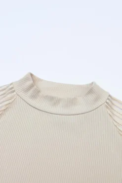 Fashion Dear-Lover Striped Mesh Long Sleeve Crewneck Ribbed Top Apricot