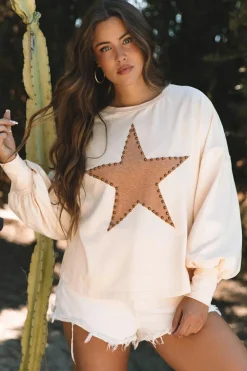 New Dear-Lover Studded Star Graphic Oversized Long Sleeve Top Apricot