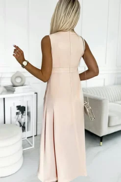 Discount Dear-Lover Surplice V Neck Frill Midi Dress with Slit Apricot