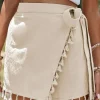 Outlet Dear-Lover Tassel Trim Wrap Knot Side Bohemian Style Mini Skort Apricot