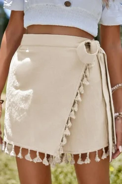 Outlet Dear-Lover Tassel Trim Wrap Knot Side Bohemian Style Mini Skort Apricot