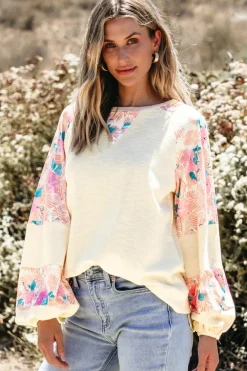 New Dear-Lover Textured Floral Patchwork Balloon Sleeve Blouse Apricot