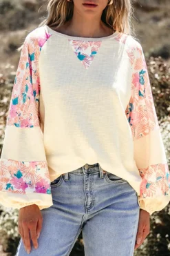 New Dear-Lover Textured Floral Patchwork Balloon Sleeve Blouse Apricot