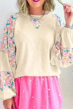 New Dear-Lover Textured Floral Patchwork Balloon Sleeve Blouse Apricot