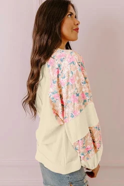 New Dear-Lover Textured Floral Patchwork Balloon Sleeve Blouse Apricot