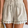 Online Dear-Lover Textured Frilled Knotted High Waist Lace Hem Shorts Apricot