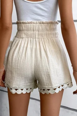 Online Dear-Lover Textured Frilled Knotted High Waist Lace Hem Shorts Apricot
