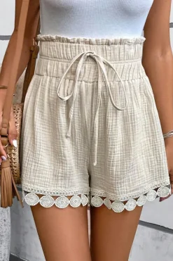 Online Dear-Lover Textured Frilled Knotted High Waist Lace Hem Shorts Apricot