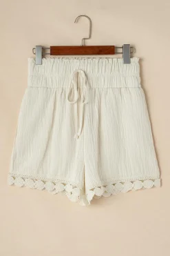 Online Dear-Lover Textured Frilled Knotted High Waist Lace Hem Shorts Apricot