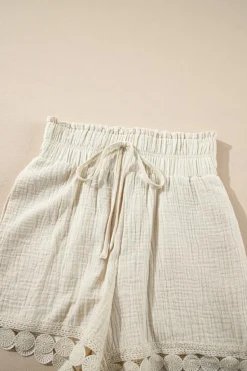 Online Dear-Lover Textured Frilled Knotted High Waist Lace Hem Shorts Apricot