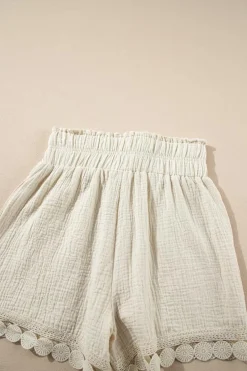 Online Dear-Lover Textured Frilled Knotted High Waist Lace Hem Shorts Apricot