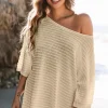 Hot Dear-Lover Textured Knit Drop Shoulder Short Sleeve Sweater Apricot