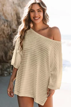 Hot Dear-Lover Textured Knit Drop Shoulder Short Sleeve Sweater Apricot
