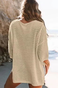 Hot Dear-Lover Textured Knit Drop Shoulder Short Sleeve Sweater Apricot