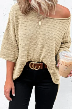 Hot Dear-Lover Textured Knit Drop Shoulder Short Sleeve Sweater Apricot