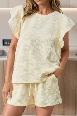 Outlet Dear-Lover Textured Ruffled Sleeve Tee and Drawstring Shorts Set Apricot