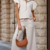 New Dear-Lover Textured Ruffled Sleeve Zipped Top and Wide Leg Pants Set Apricot